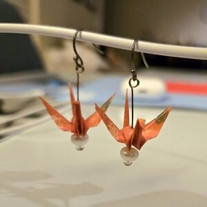 Handmade Origami Orange Crane Earrings + Pearl Bead, Dangle Earrings Wax Coated